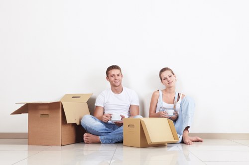 Packed moving boxes and furniture ready for house removals in Hampstead