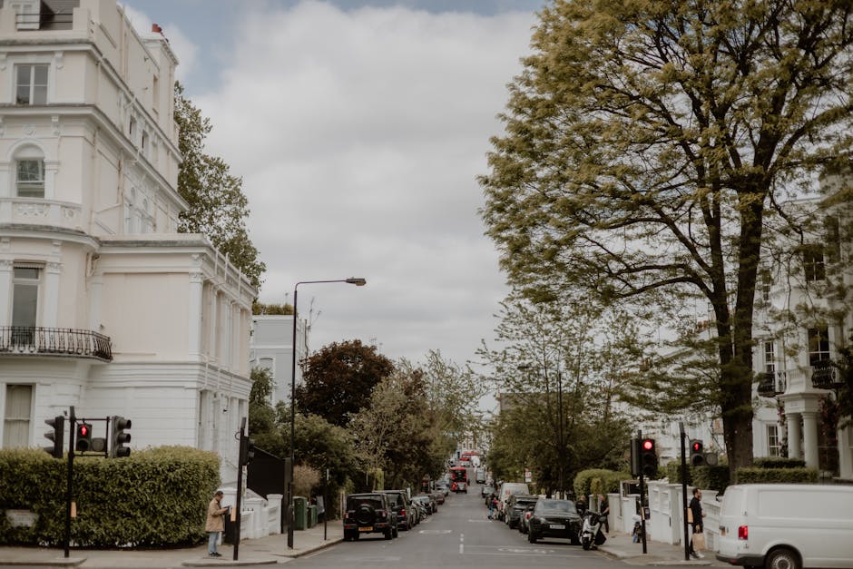 A wide street scene in Hampstead showing rows of white Victorian-style residential buildings with ornate architectural details, balconies, and large windows. The street is lined with green bushes and mature trees with partially green and brown foliage, indicating an autumn setting. Several vehicles, including parked cars and a white van, are positioned along the curb. Traffic lights are visible at the intersection, with red signals illuminated, and a few pedestrians are seen standing or crossing near the roadside. The sky above is overcast with grey clouds, creating diffuse lighting. This image captures a typical residential urban environment suitable for a house removal process, with furniture, packing materials, or moving equipment not visible, but implying a quiet neighbourhood ready for relocation or moving services provided by Hampstead Man and Van.